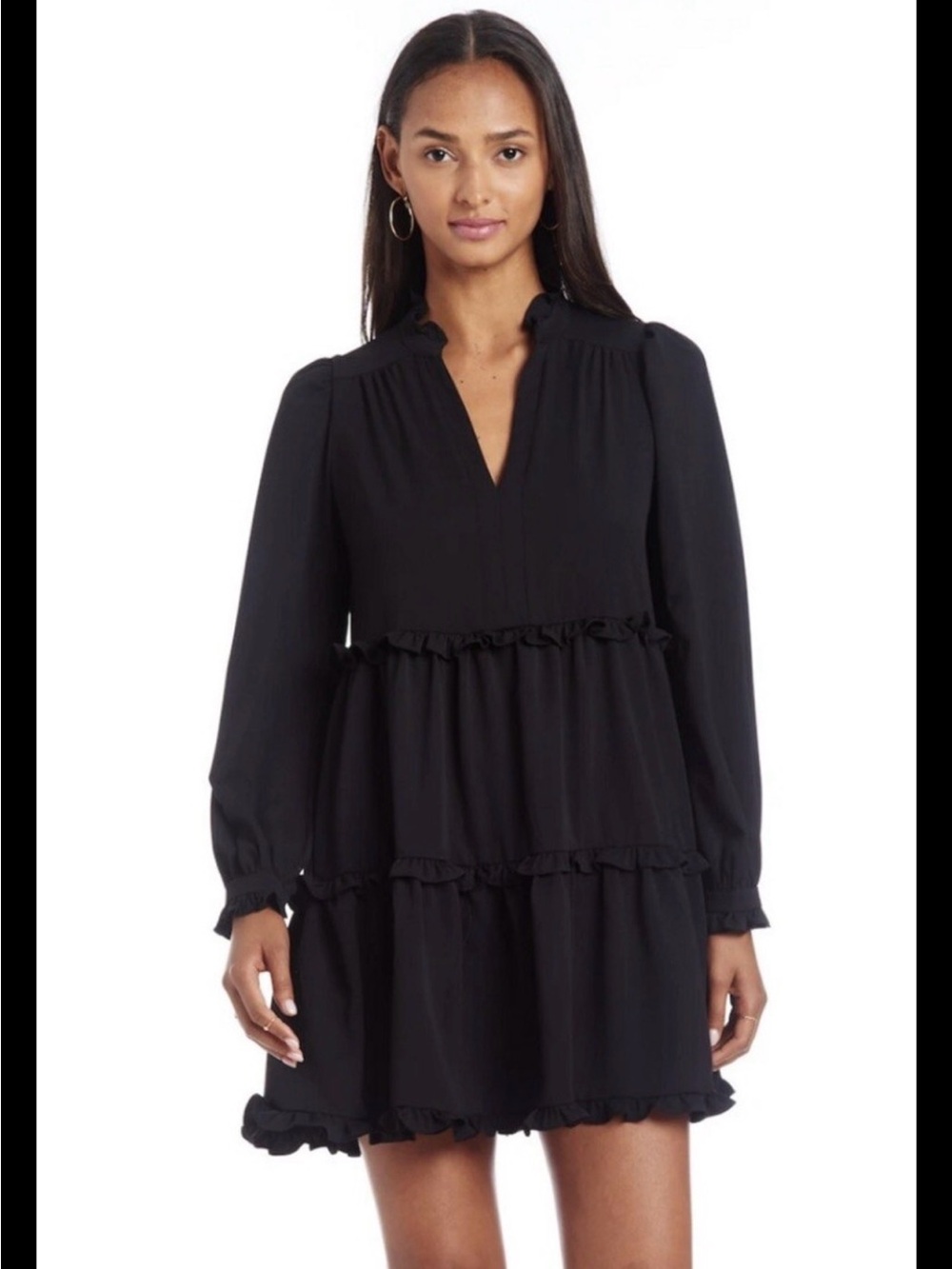 Amanda Uprichard Hestia Black Ruffle Tiered Long-Sleeve Mini Dress Size Small